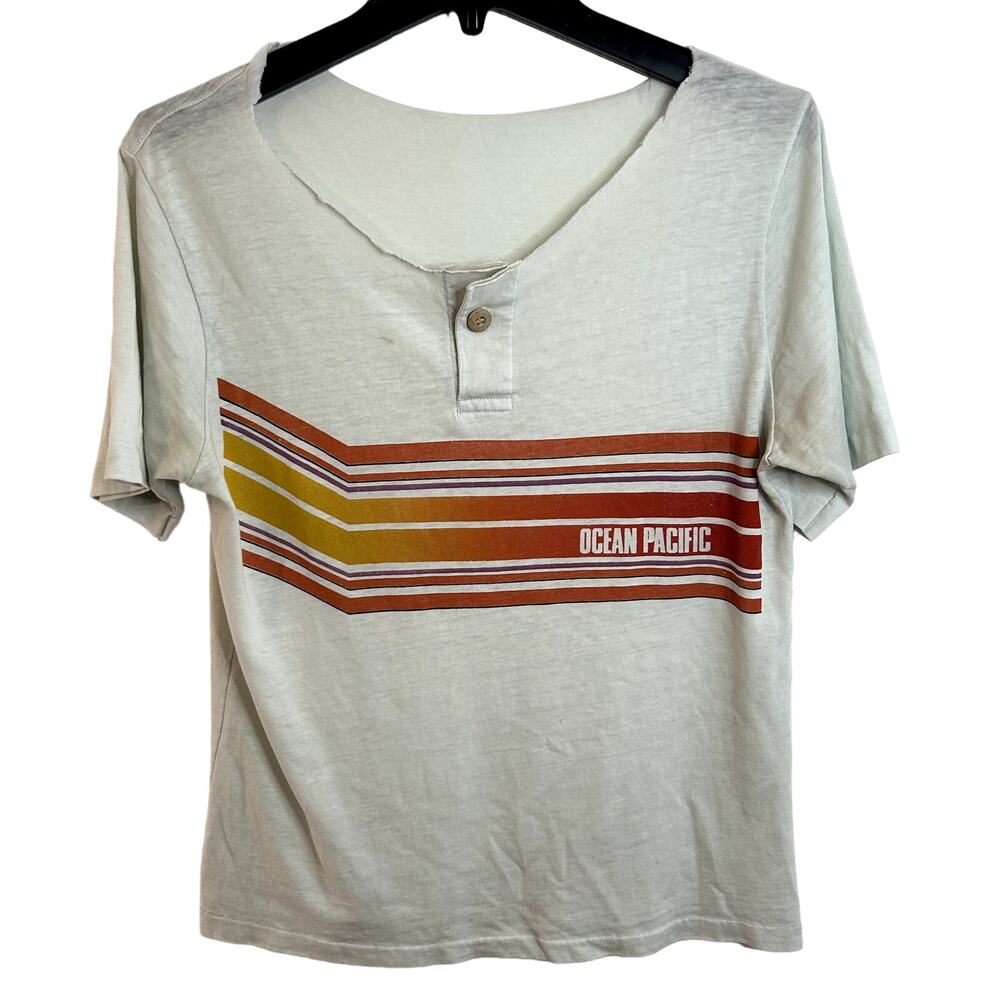 Ocean Pacific Single Stitch Henley Tee Mens SIze Boxy Rainbow Cut Neck